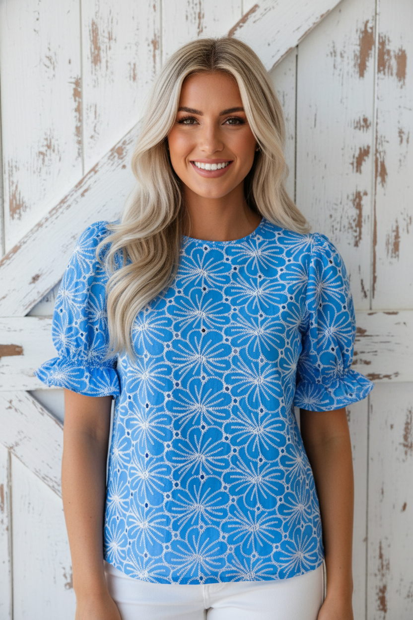 Eyelet Flower Embroidery Puff Sleeve Blouse in Sky Blue