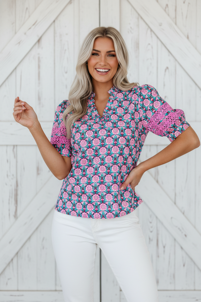 Floral Abstract V-Neck Puff Sleeve Top in Sachet Pink