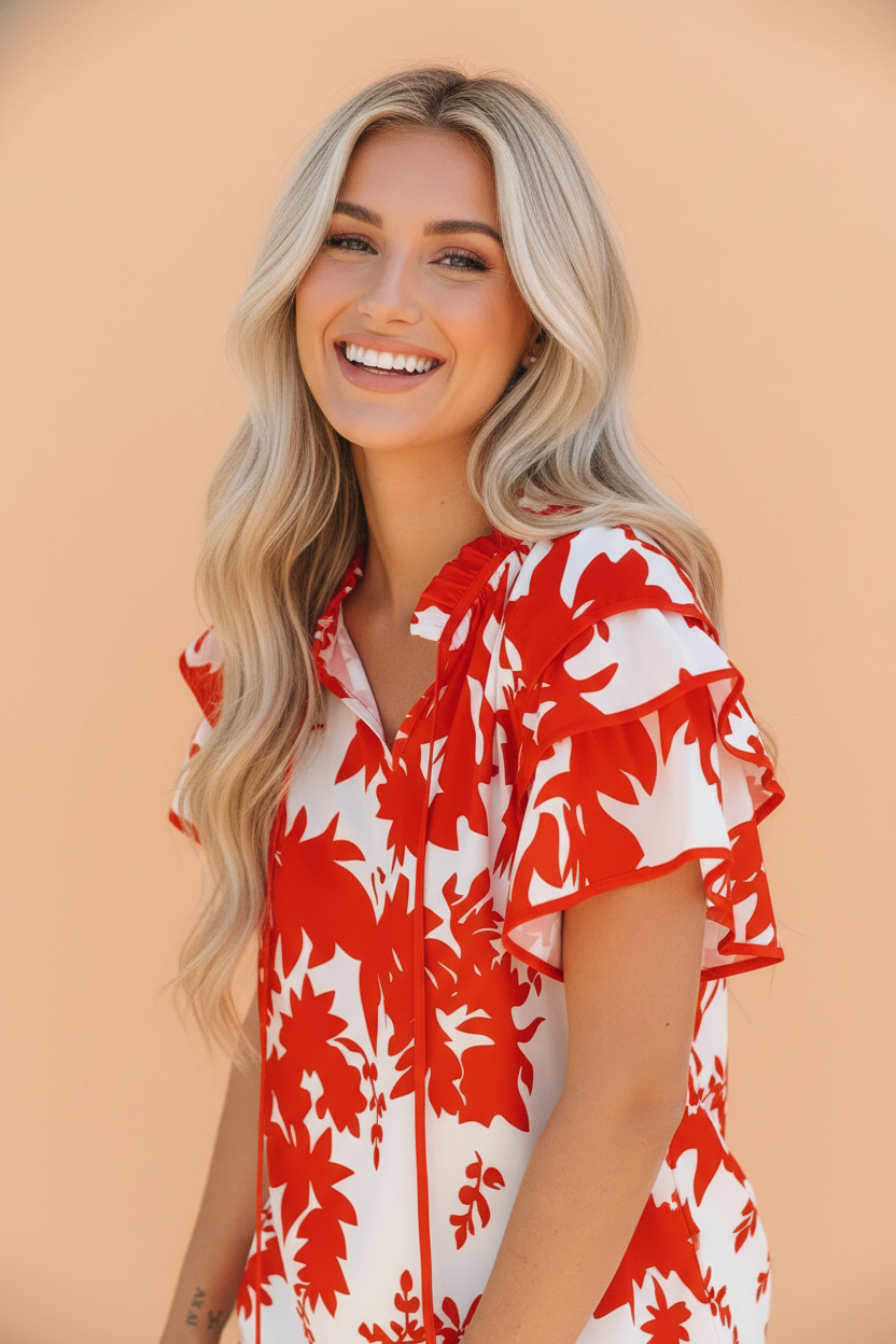 Plant Tiered Ruffle Sleeve V-Neck Blouse | Botanical Print