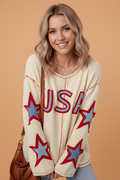 USA Star Contrast Patchwork Exposed Seam Knit Top