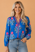 Floral Stripe Trim Notch Neck Long Sleeve Blouse