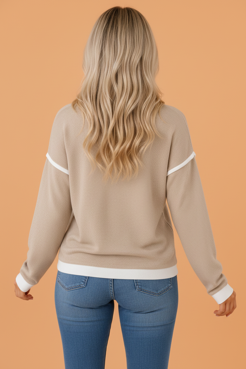 Contrast Trim Drop Shoulder Long Sleeve Knit Top