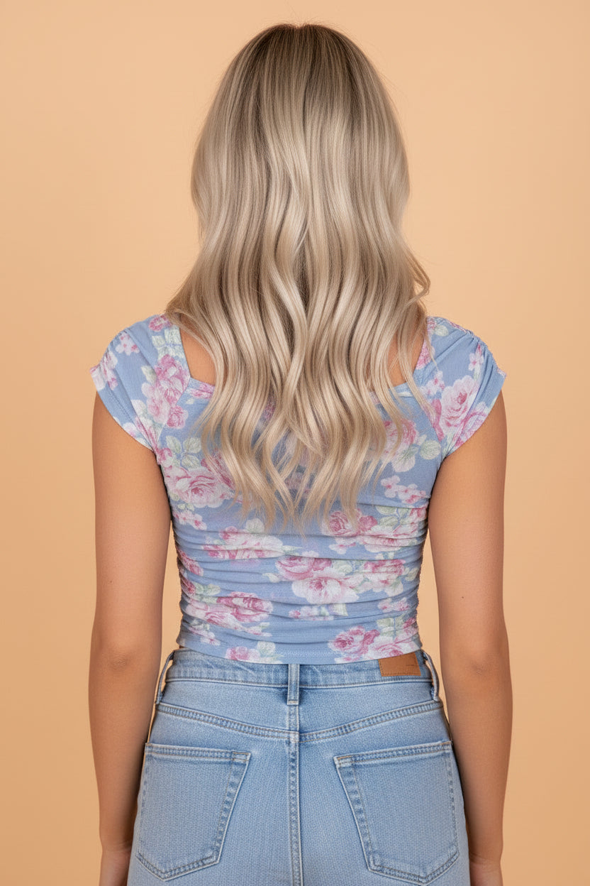 Floral Mesh Square Neck Cap Sleeve Ruched Top - Romantic Y2K Style