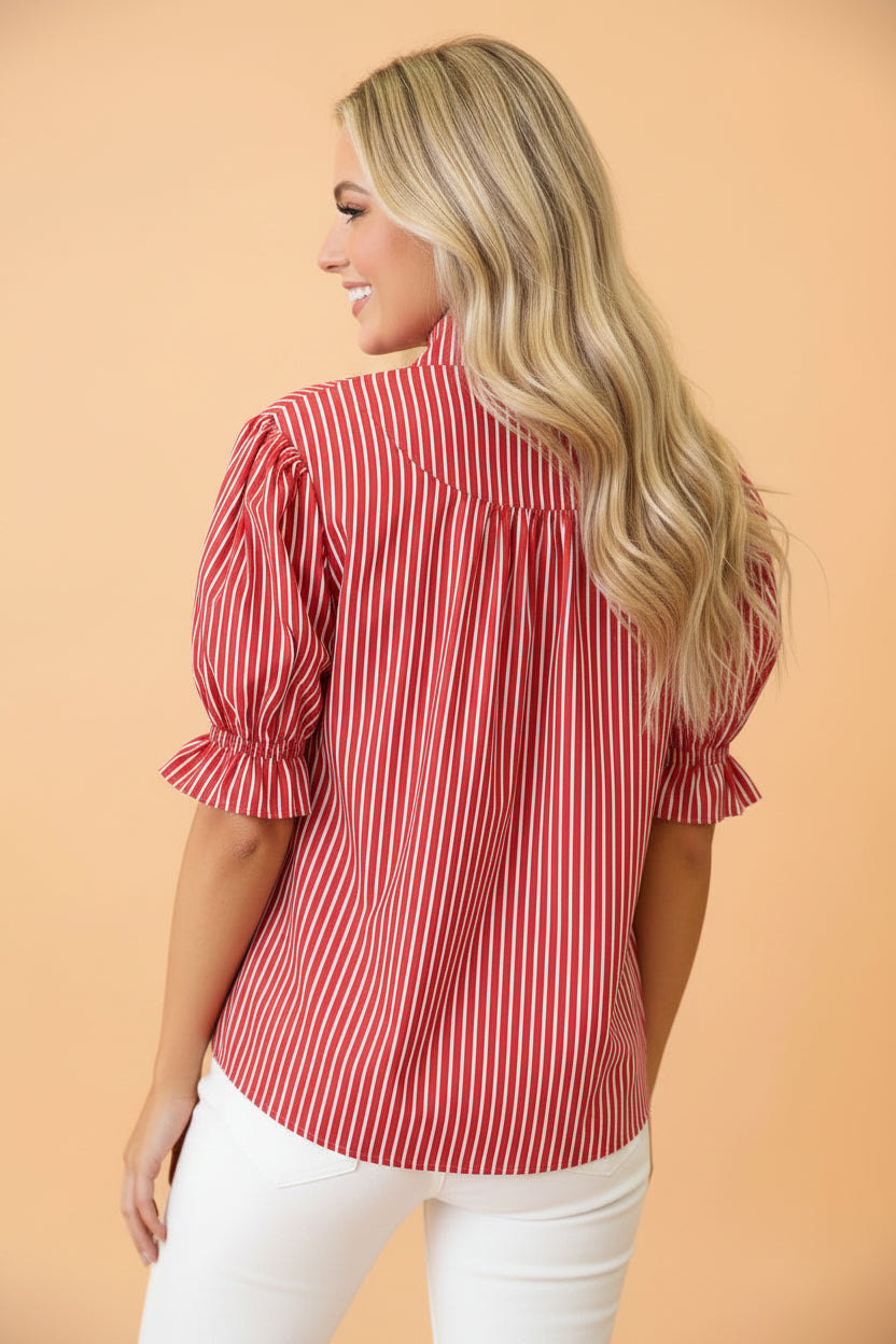 Stripe Ruffle Puff Sleeve Button Front Blouse in Red and White