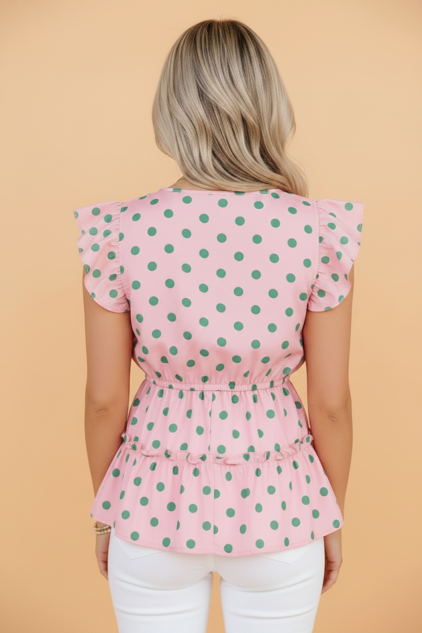 Polka Dot V-Neck Ruffle Tiered Babydoll Blouse