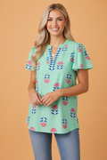 A floral print V-neck blouse with flutter sleeves in mint green, pink, and navy blue.