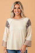 Camo Colorblock Corded Knit 3/4 Sleeve Top