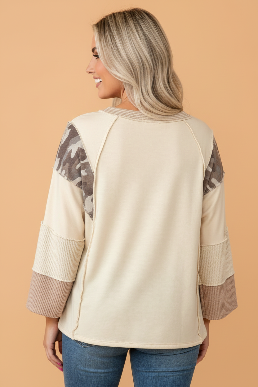 Camo Colorblock Corded Knit 3/4 Sleeve Top