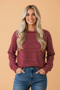 Stripe Round Neck Drop Shoulder Long Sleeve Top