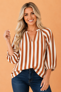 Stripe V-Neck 3/4 Puff Sleeve Blouse