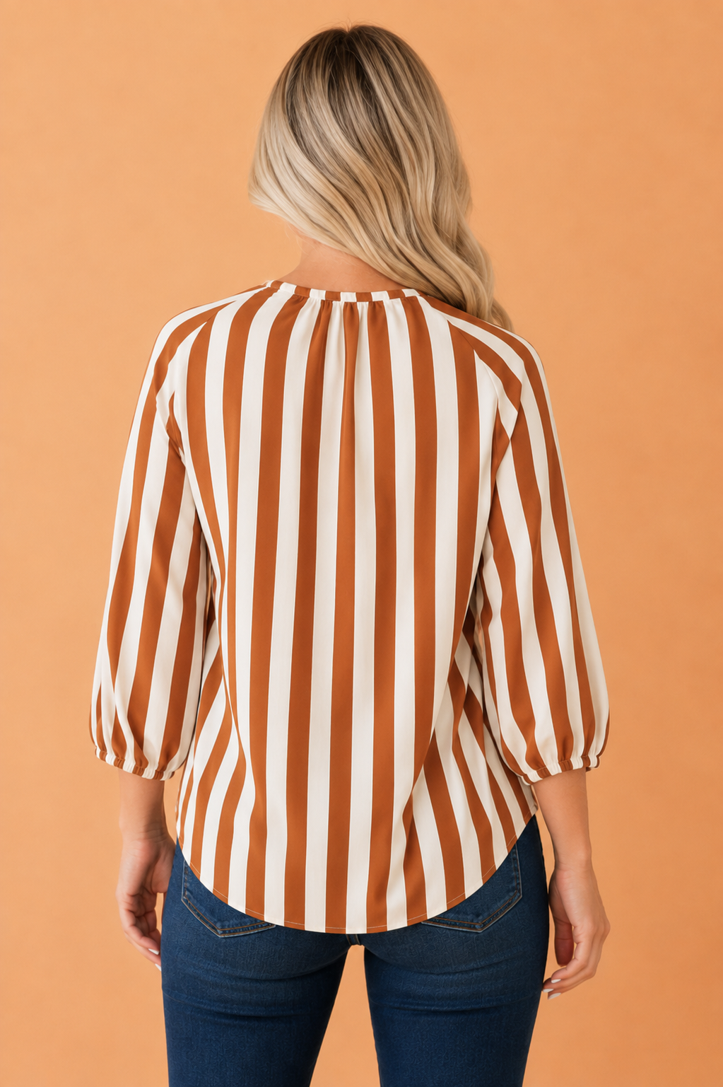 Stripe V-Neck 3/4 Puff Sleeve Blouse