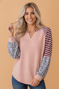 Colorblock Stripe Floral V-Neck Long Sleeve Top