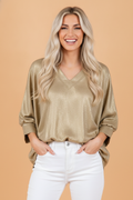 Metallic V-Neck Button Cuff Dolman Sleeve Blouse