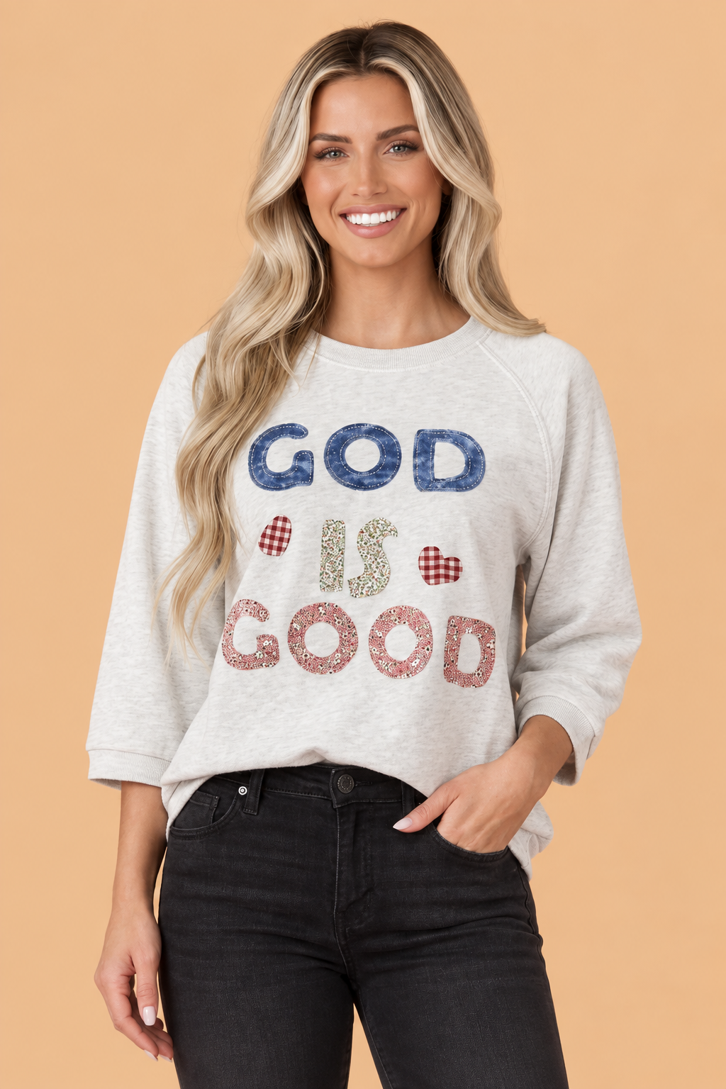 GOD IS GOOD Letter Patchwork 3/4 Sleeve Top