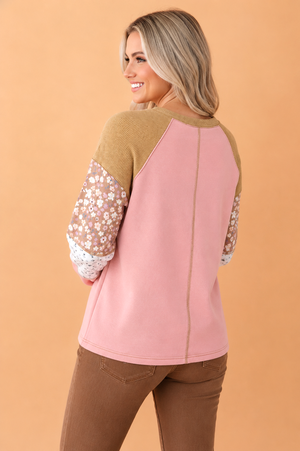 Floral Patchwork Waffle Knit Raglan Long Sleeve Top