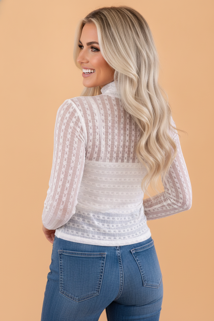 Sheer Textured Lace High Neck Long Sleeve Top