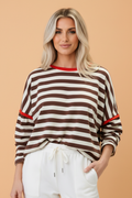 Stripe Contrast Trim Round Neck Long Sleeve Top