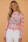 Christmas Santa Mesh Mock Neck Long Sleeve Top