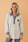 Denim Patchwork Collared Ribbed Knit Long Sleeve Top