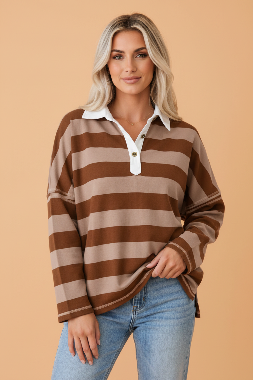Stripe Contrast Polo Collar Long Sleeve Top