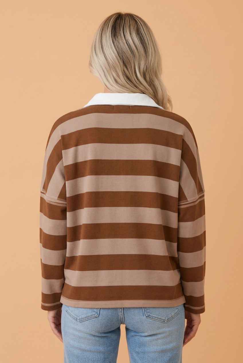 Stripe Contrast Polo Collar Long Sleeve Top