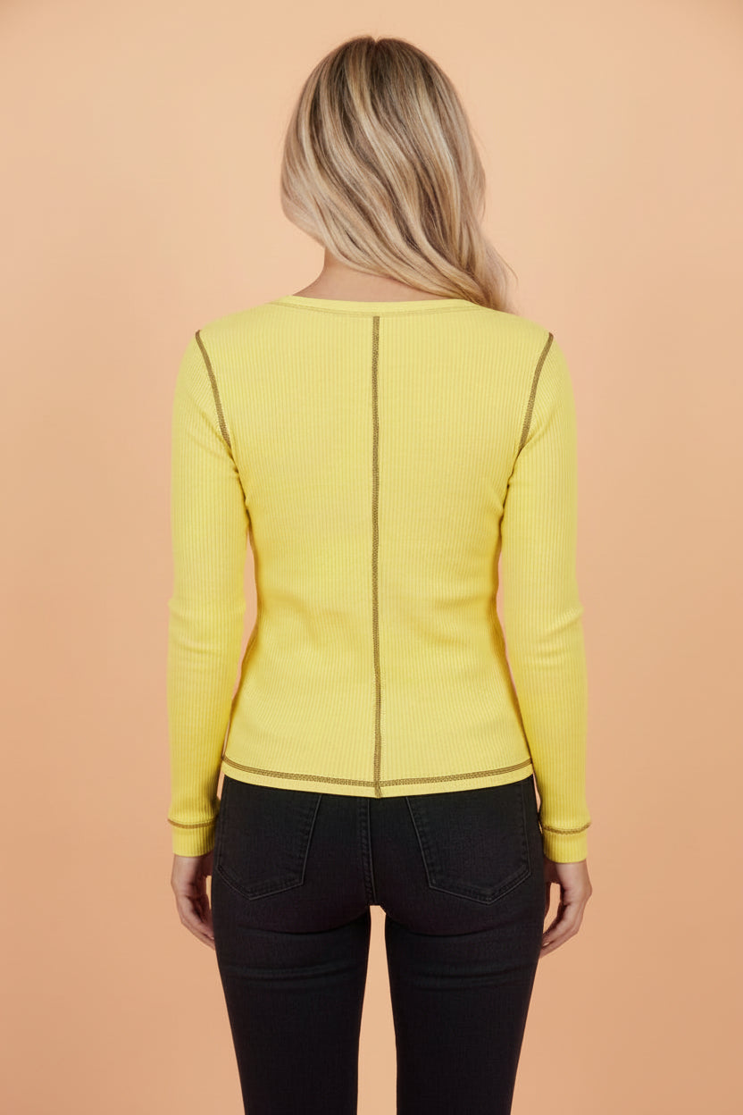 Solid Ribbed Contrast Stitching V-Neck Long Sleeve Top