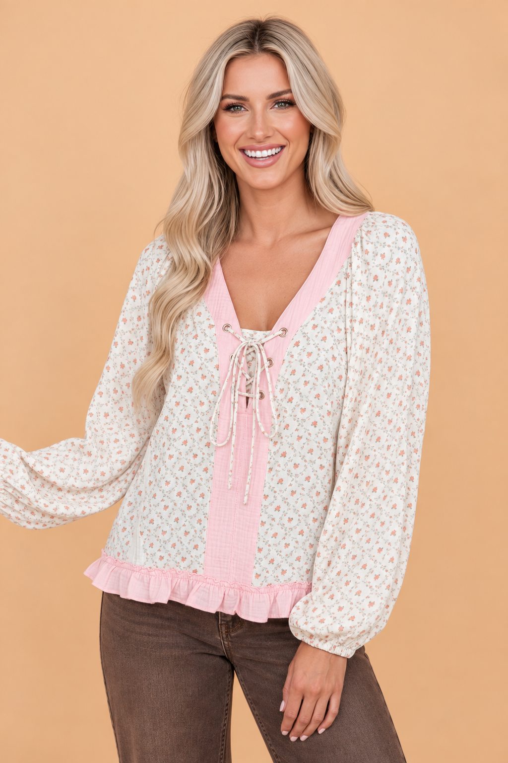 Floral Colorblock Lace-Up V-Neck Long Sleeve Blouse