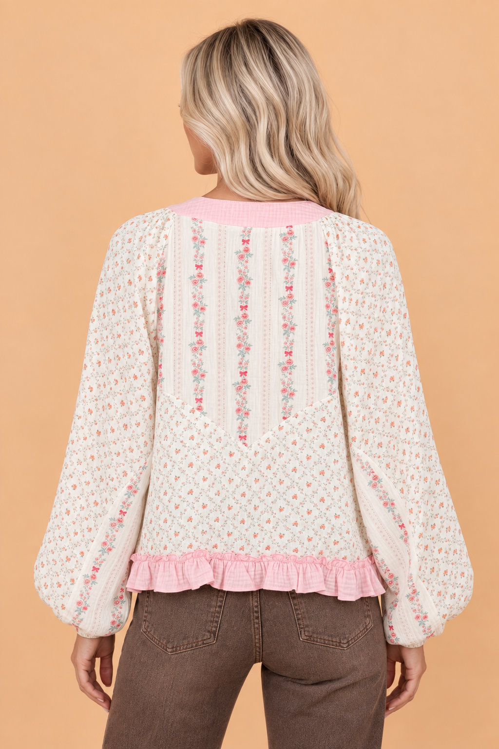 Floral Colorblock Lace-Up V-Neck Long Sleeve Blouse