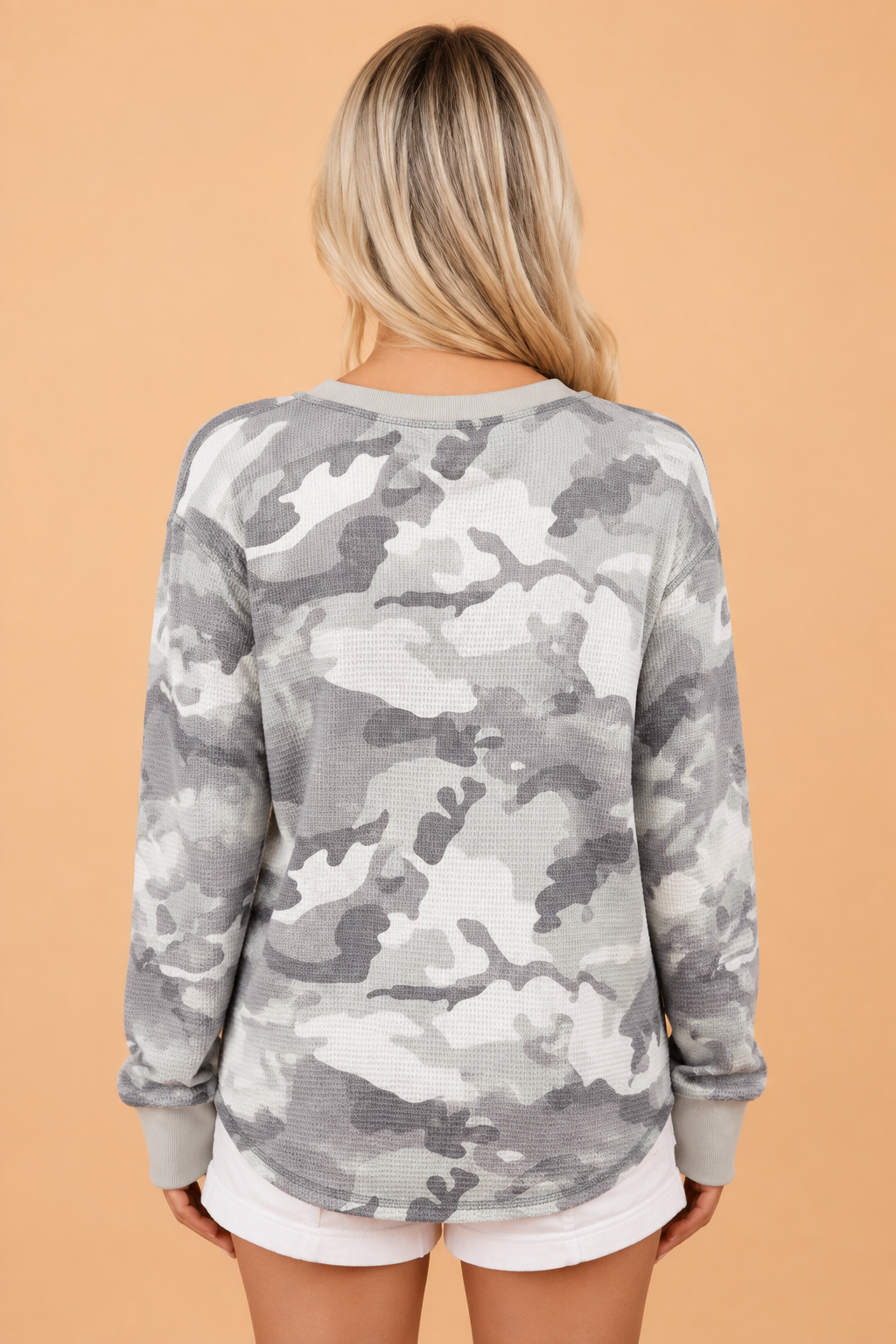 Camo Contrast Stitch Waffle Knit Long Sleeve Top