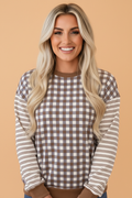 Gingham Stripe Patchwork Long Sleeve Top