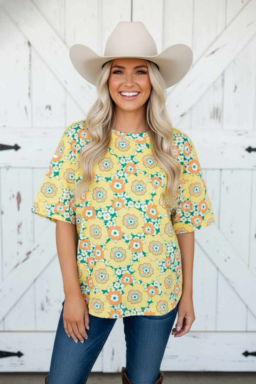 Flower Drop Shoulder Loose Summer T-Shirt in Yellow