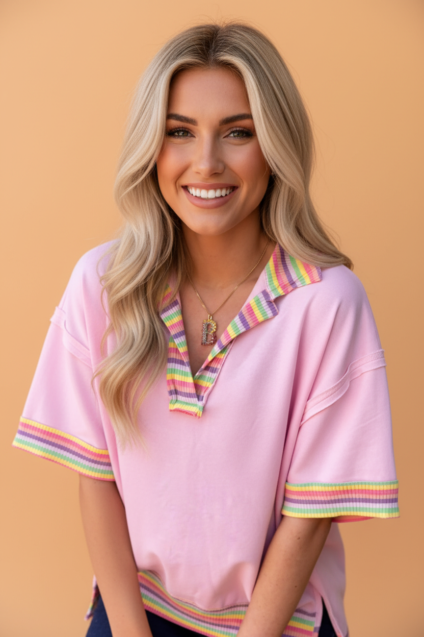 Rainbow Stripe Ribbed Patchwork Oversize Polo Tee