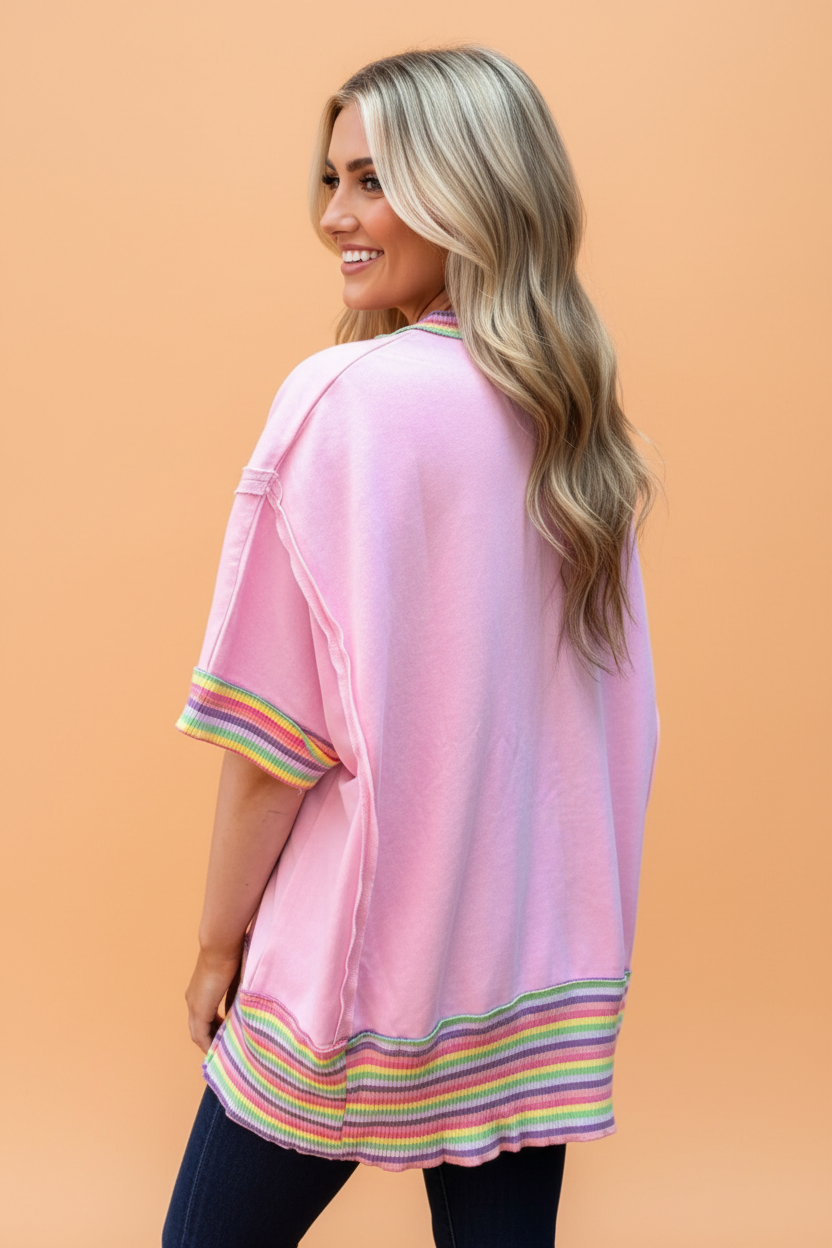 Rainbow Stripe Ribbed Patchwork Oversize Polo Tee