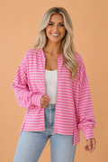 Stripe Puff Sleeve Zip-Up Sweatshirt Jacket