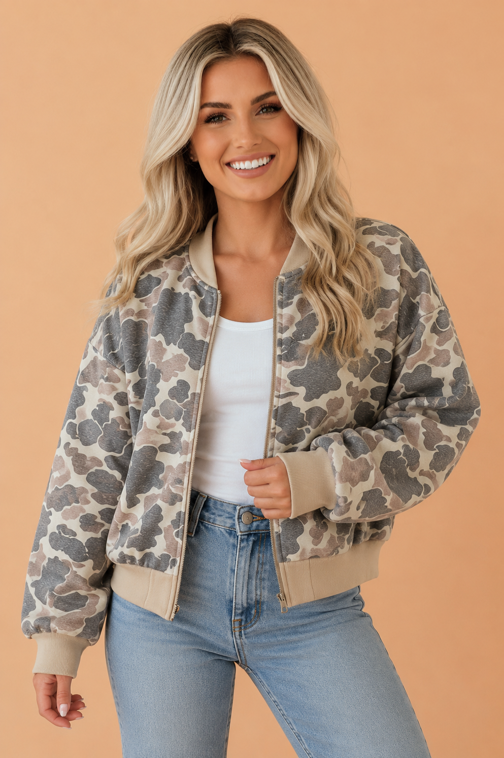Camo Colorblock Trim Zip Up Bomber Sweatshirt