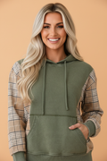 Plaid Patchwork Pocketed Drawstring Hoodie