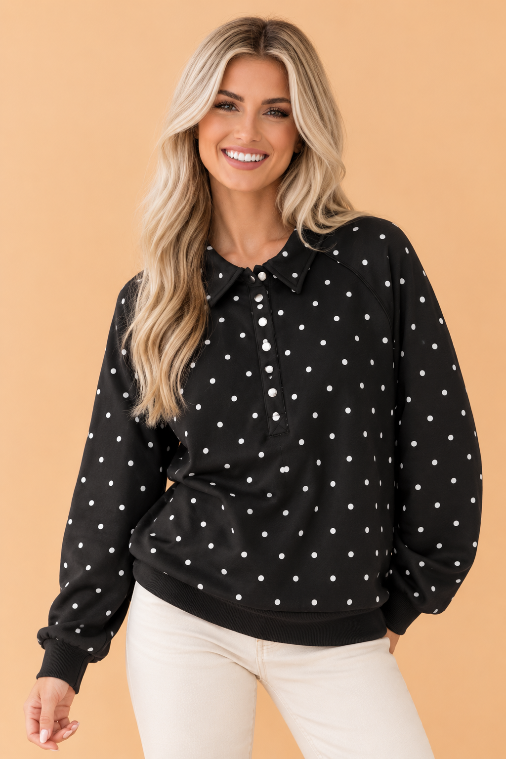 Polka Dot Half Button Collared Long Sleeve Sweatshirt