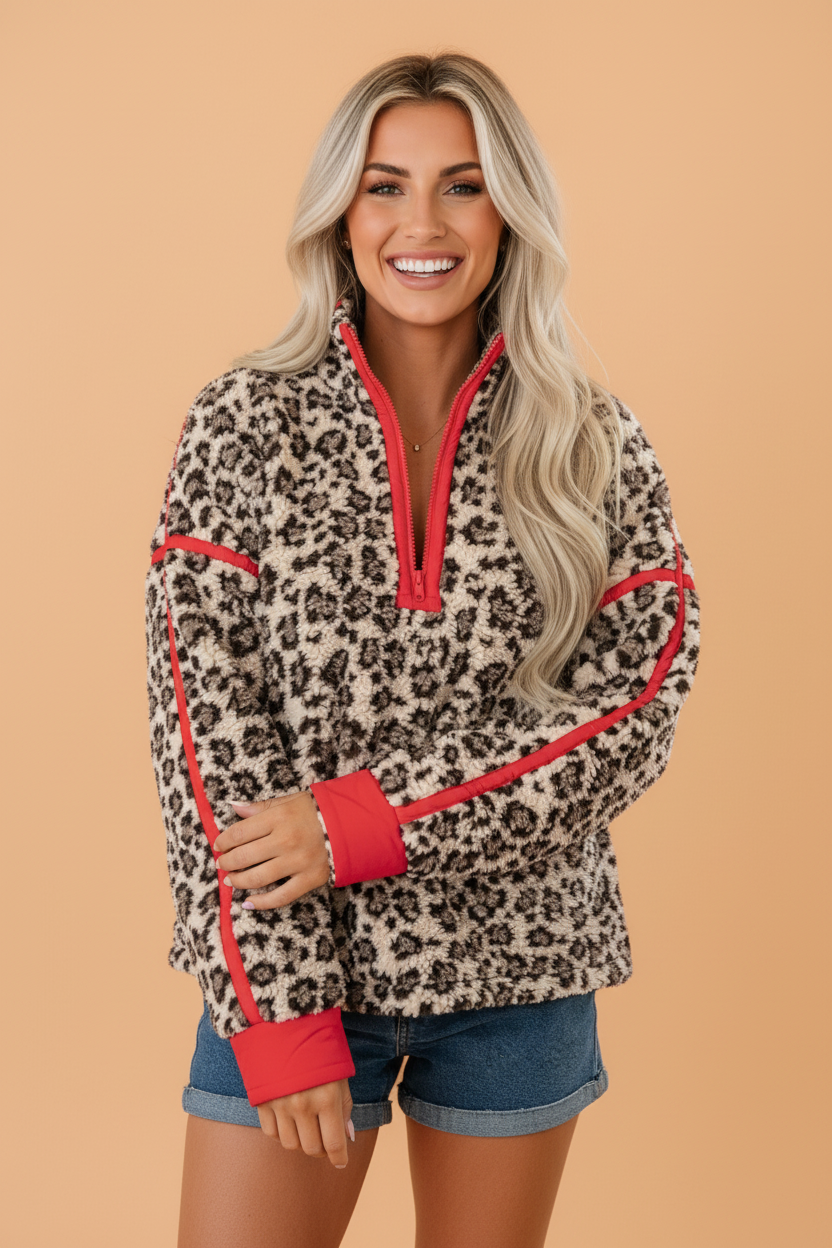 Leopard Fleece Contrast Trim Half Zip Sweatshirt