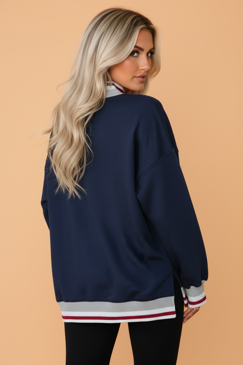 Stripe Contrast Trim Split Hem Mock Neck Sweatshirt