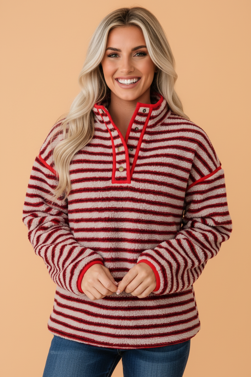 Stripe Fleece Contrast Trim Buttoned Sweatshirt