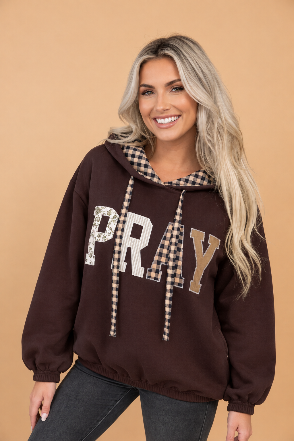 PRAY Letter Print Patchwork Drawstring Hoodie