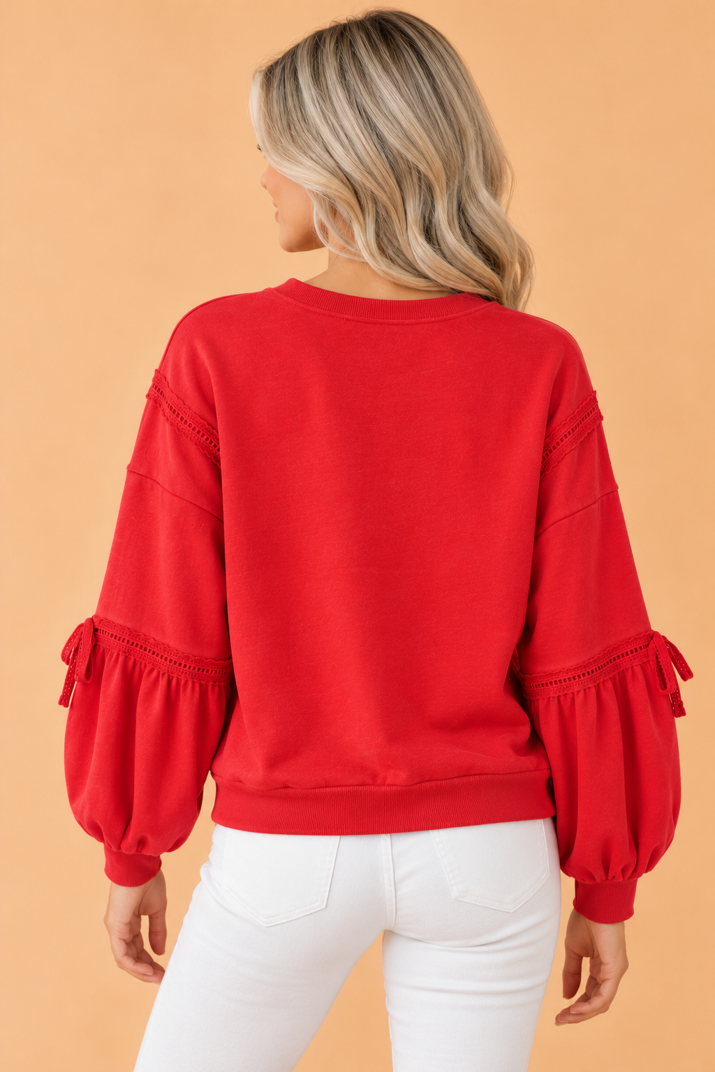 Lace Trim Bow Tie Sleeve Raw Seam Sweatshirt