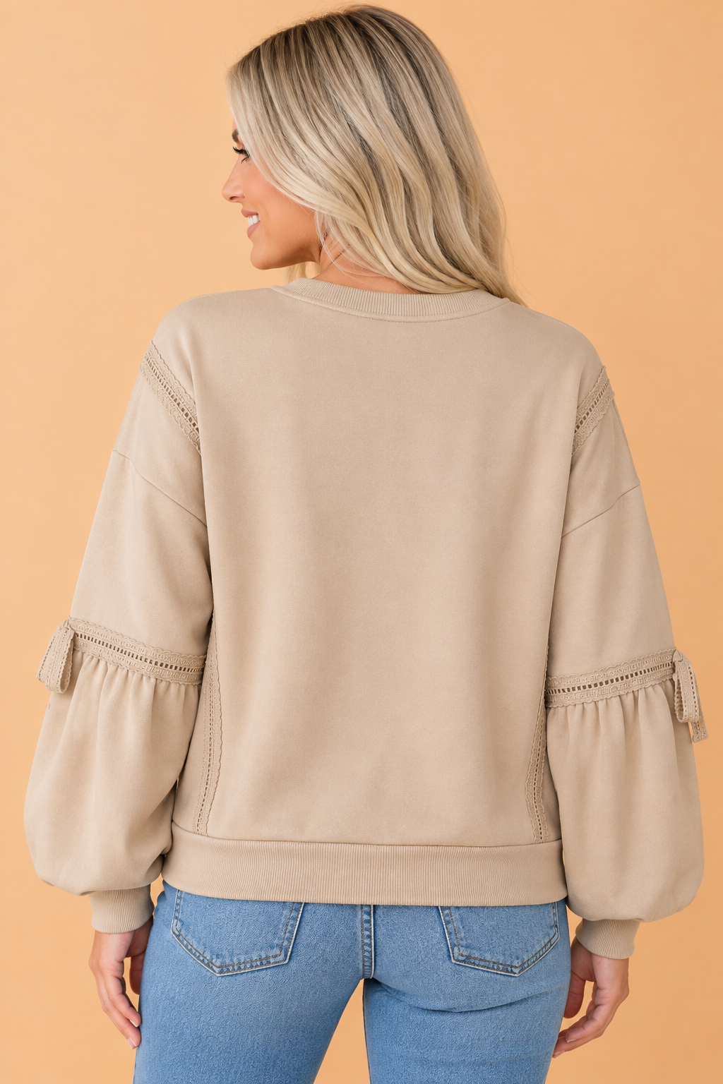 Lace Trim Bow Tie Sleeve Raw Seam Sweatshirt