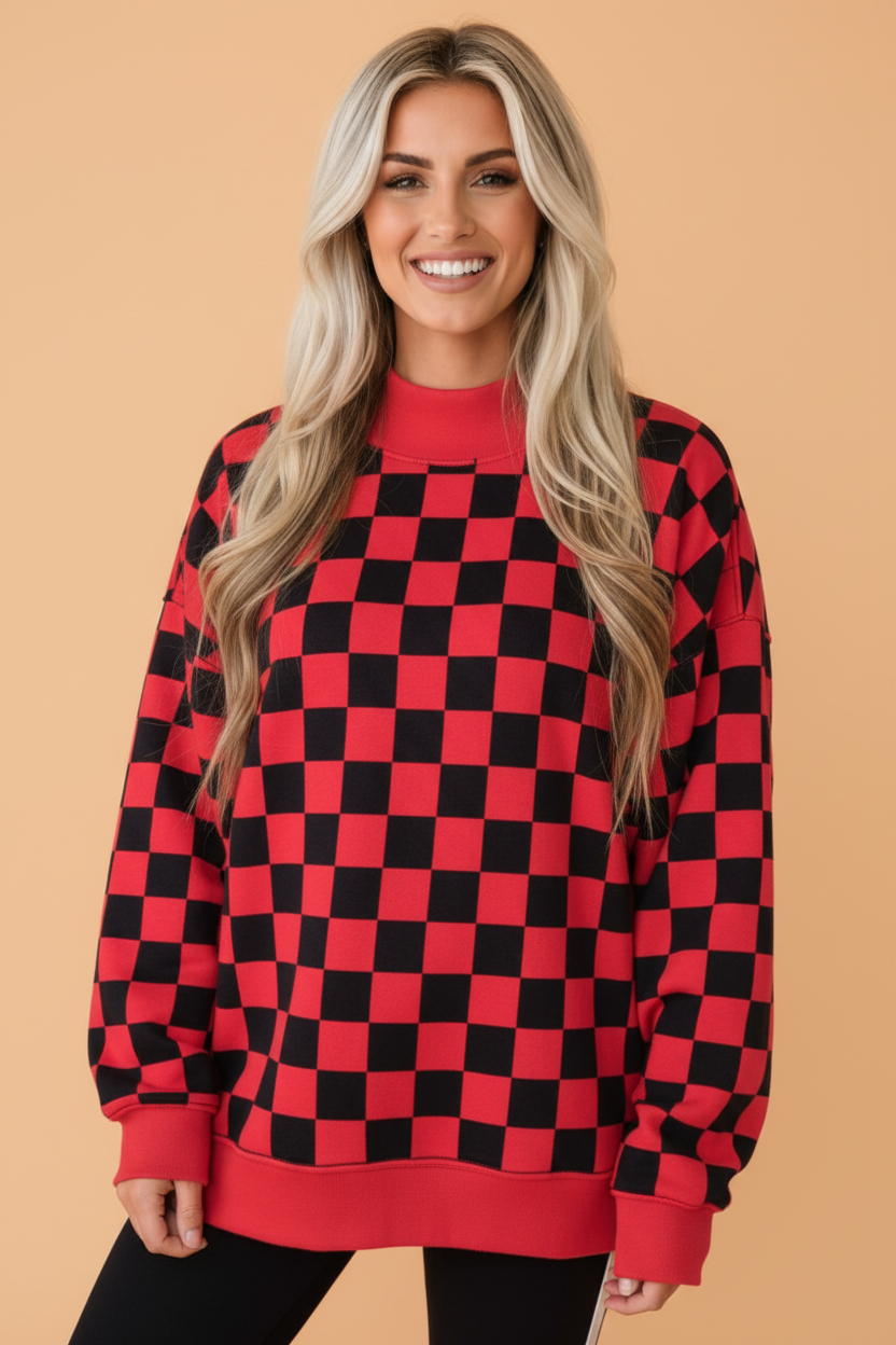 GAME DAY Checker Reversible Mock Neck Sweatshirt