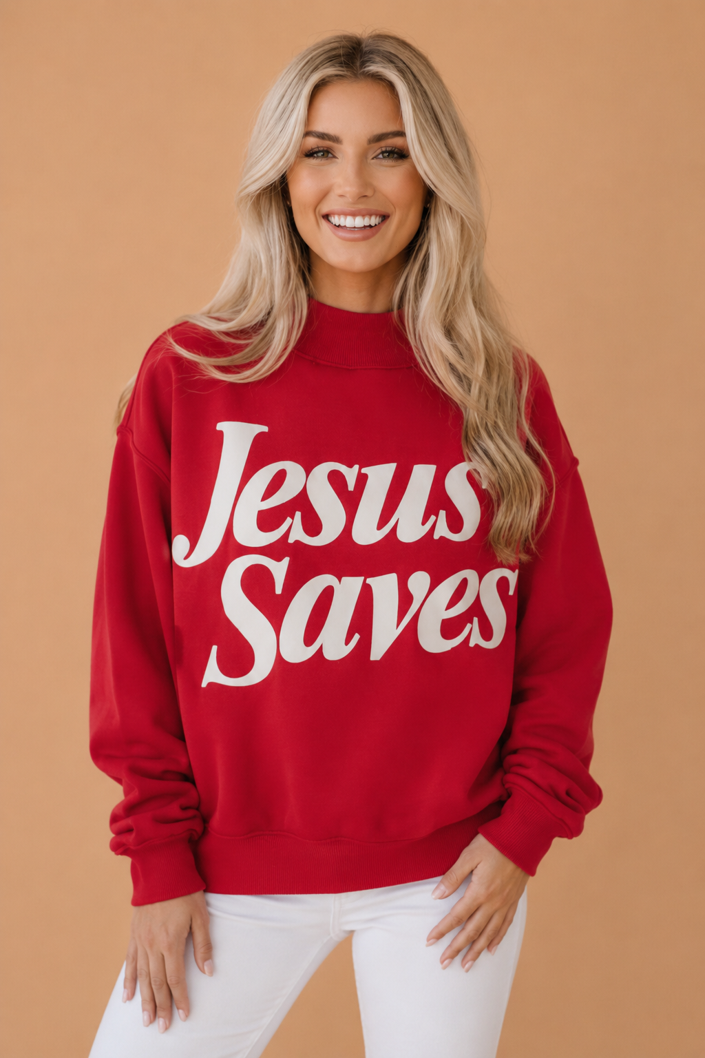 Jesus Saves Graphic Print Mock Neck Sweatshirt