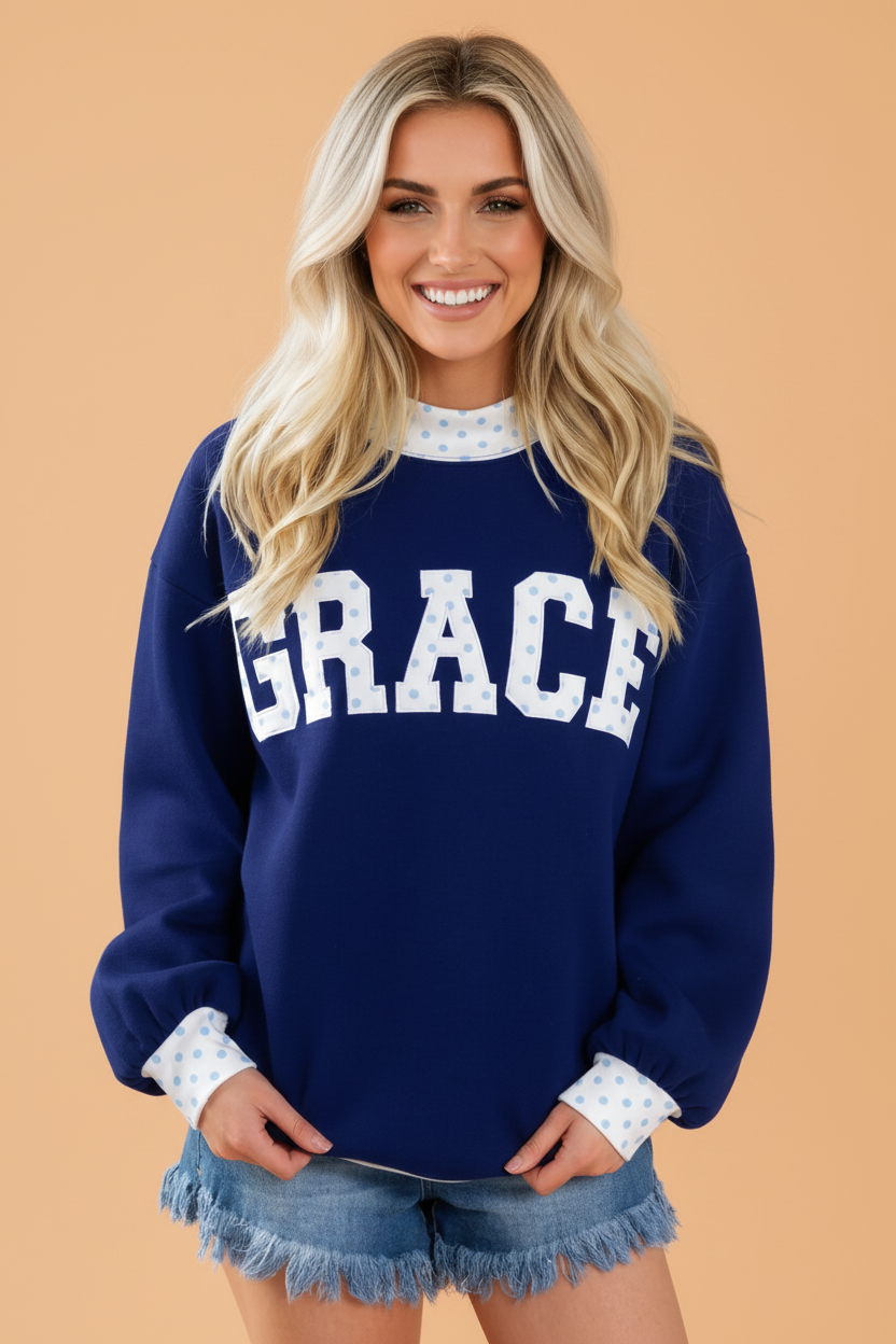GRACE Polka Dot Letter Print Mock Neck Sweatshirt