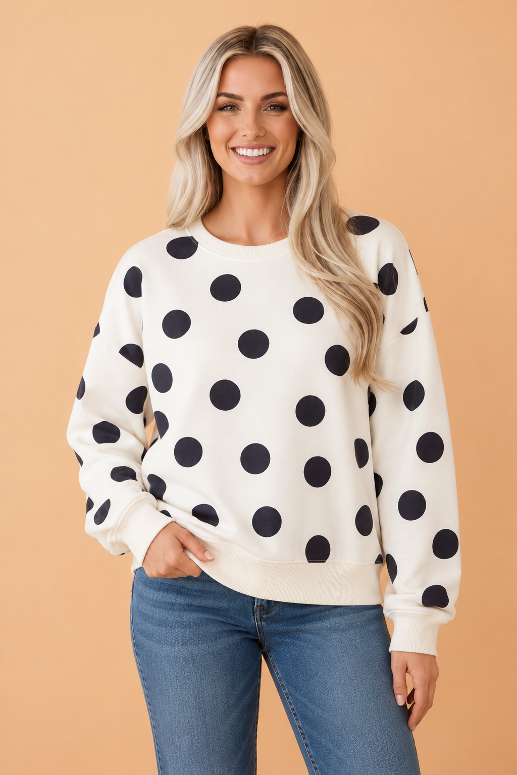 Polka Dot Ribbed Trim Round Neck Sweatshirt
