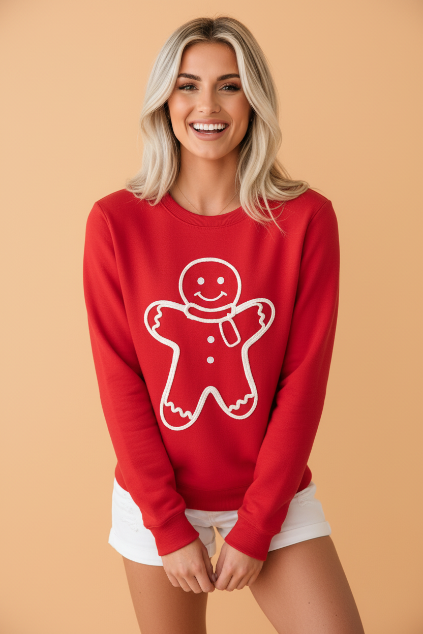 Christmas Gingerbread Embroidered Long Sleeve Sweatshirt