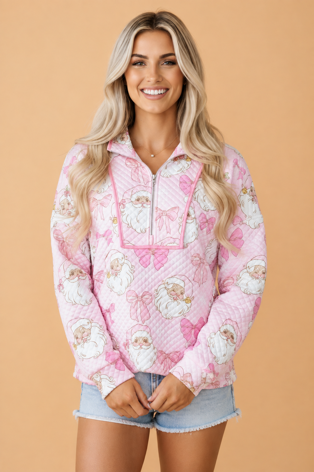 Christmas Santa Bow Half Zip Collared Sweatshirt
