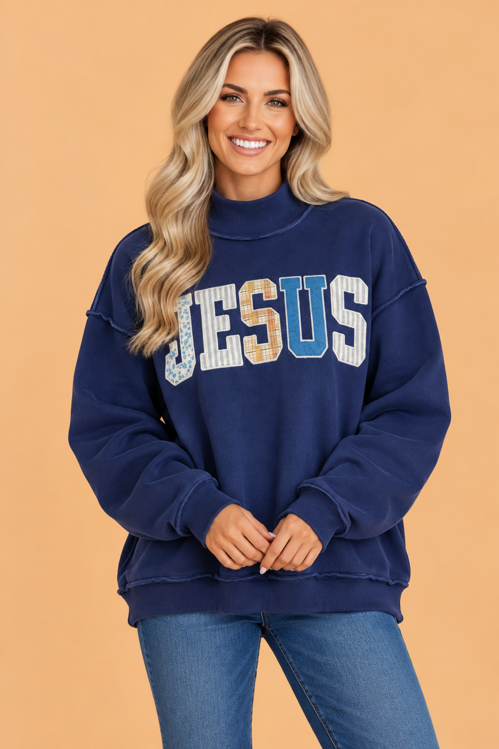 JESUS Letter Print Exposed Seam Mock Neck Sweatshirt